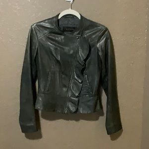 Elite Tahari 100% Lambskin Leather Jacket Gray With Ruffled Front